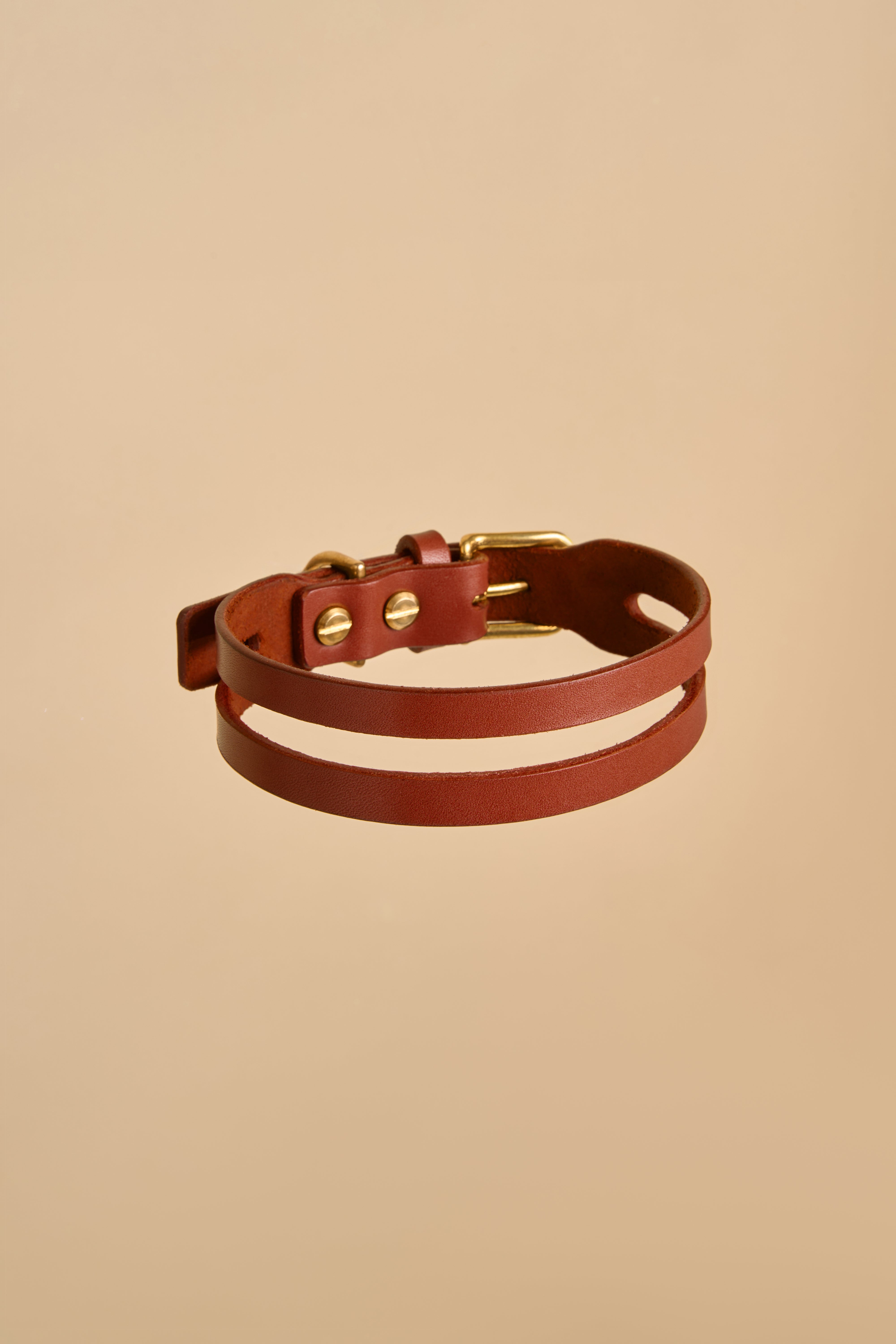Aeris Classic Leather Dog Collar in Cognac with adjustable fit and rust-resistant brass hardware, showcasing premium Italian leather craftsmanship.