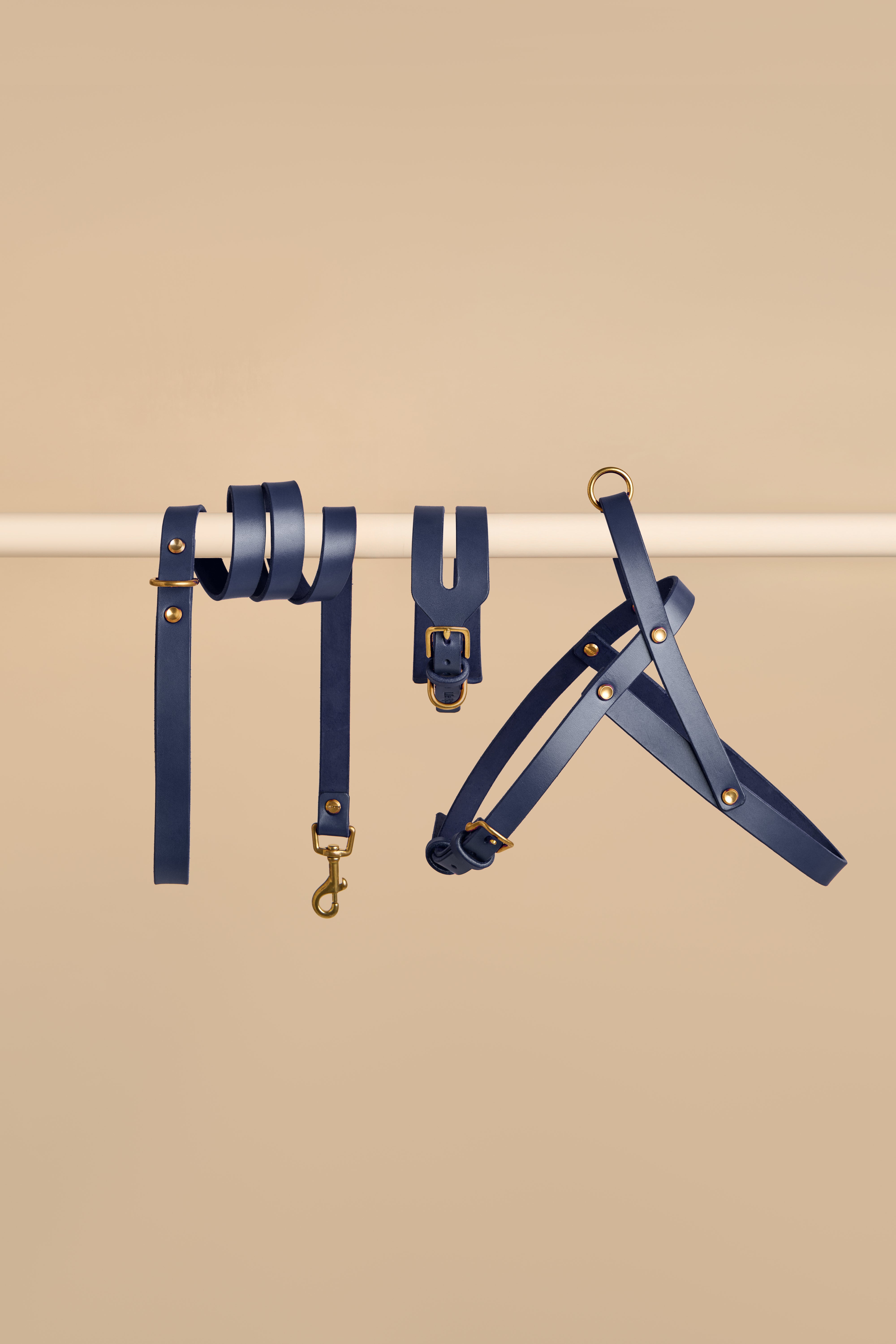 Aeris Wide blue leather collar with Classic leash and Vero harness - comfortable and stylish dog walking set for all breeds