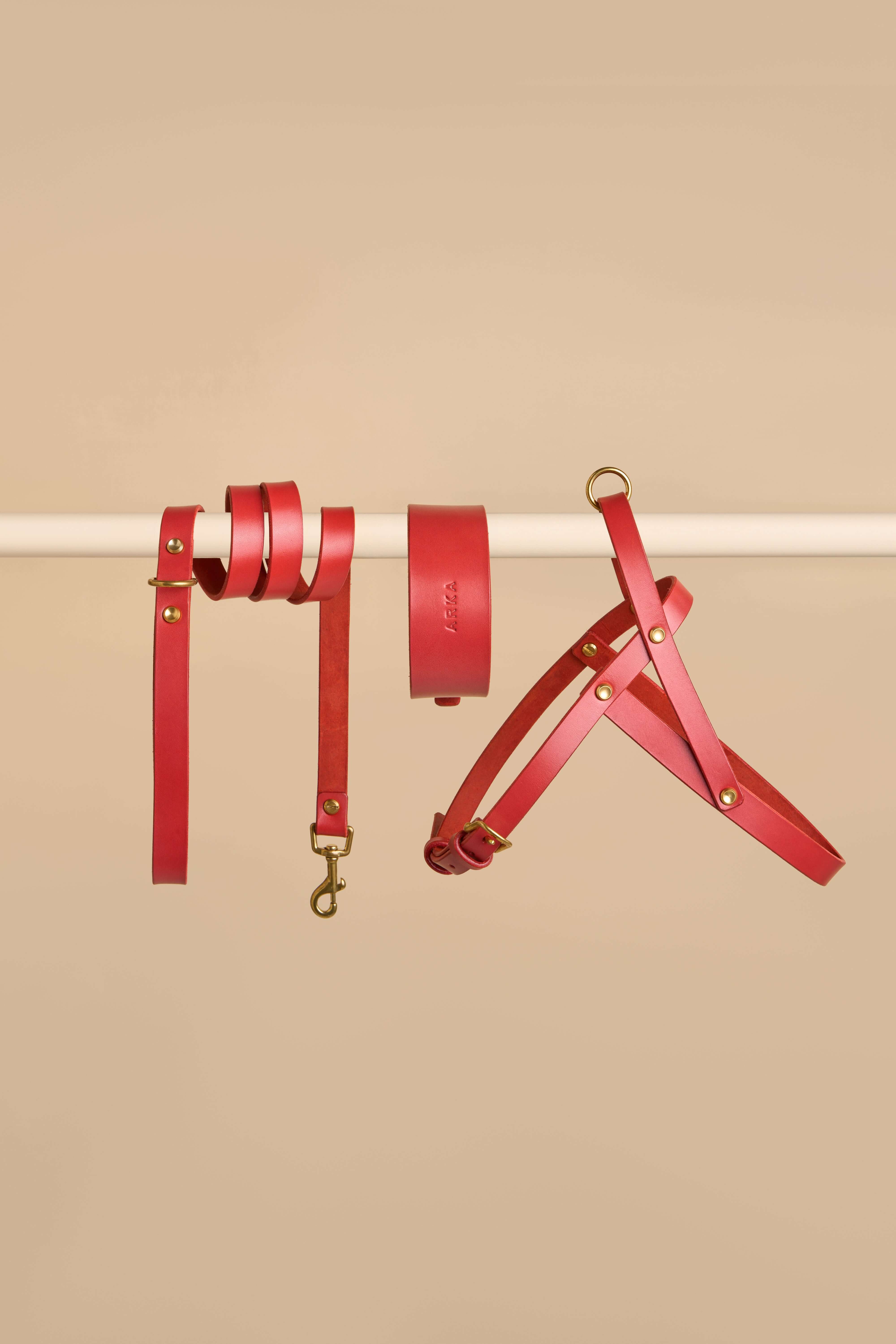 Vero Wide red leather collar, Classic leash, and Vero harness - premium italian leather dog set for bold and stylish looks