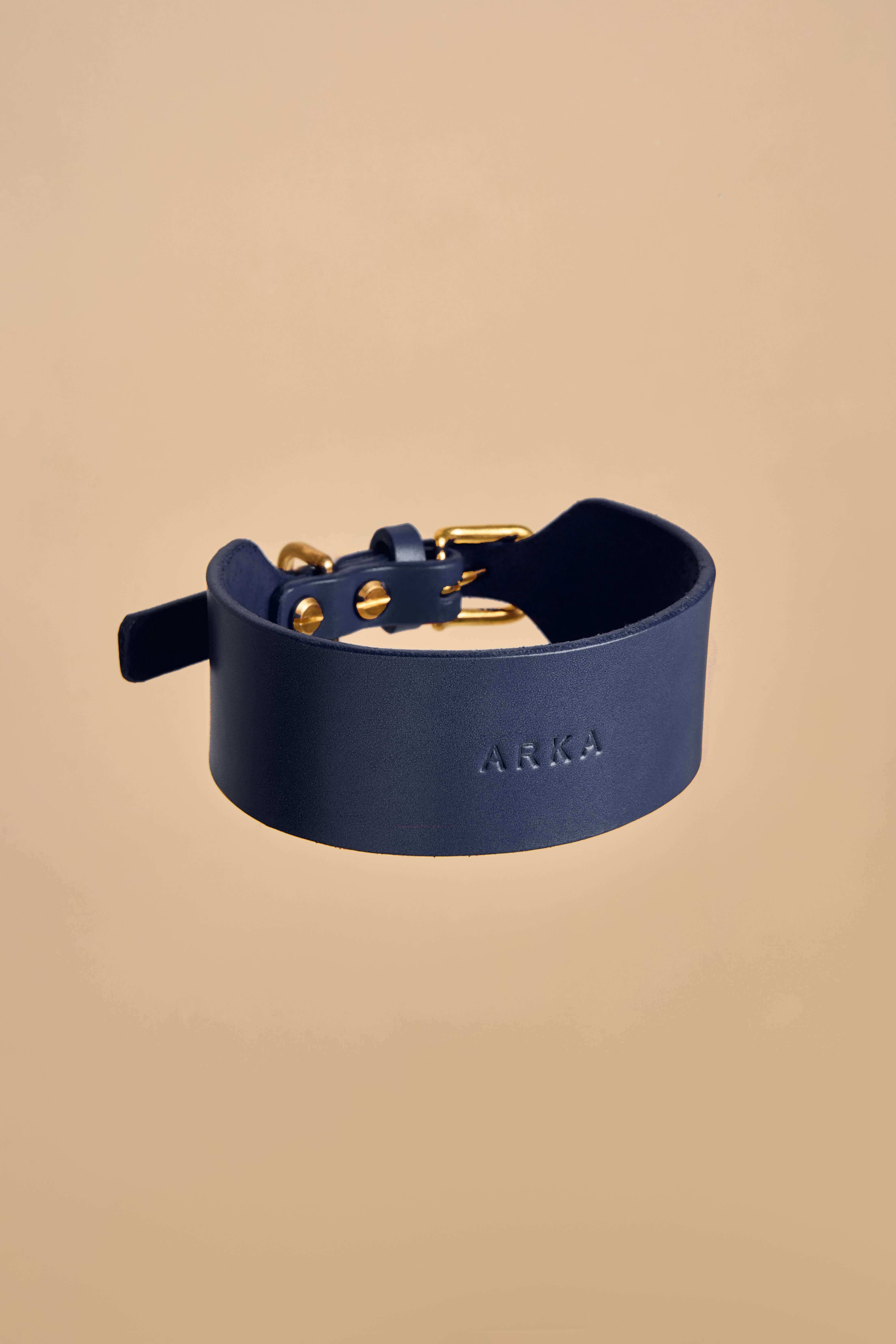 Vero Wide Blue Leather Dog Collar made from premium Italian leather with a broad design and corrosion-resistant brass hardware for a stylish look.