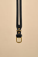 Close-up of the buckle on Aeris Classic Black Leather Dog Collar, featuring sturdy brass hardware and premium Italian leather