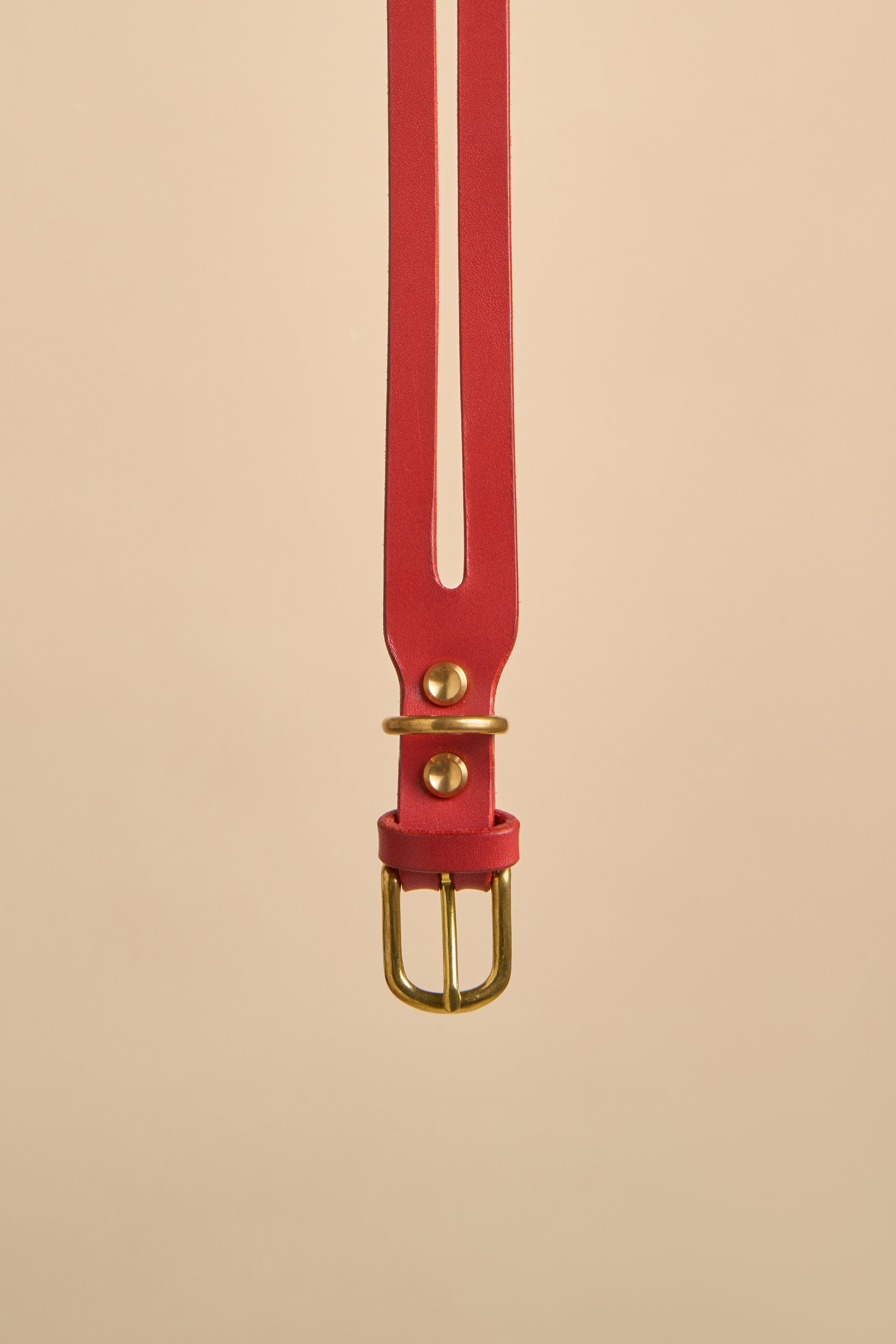 Close-up of the buckle on Aeris Classic Red Leather Dog Collar, featuring high-quality brass hardware and Italian craftsmanship