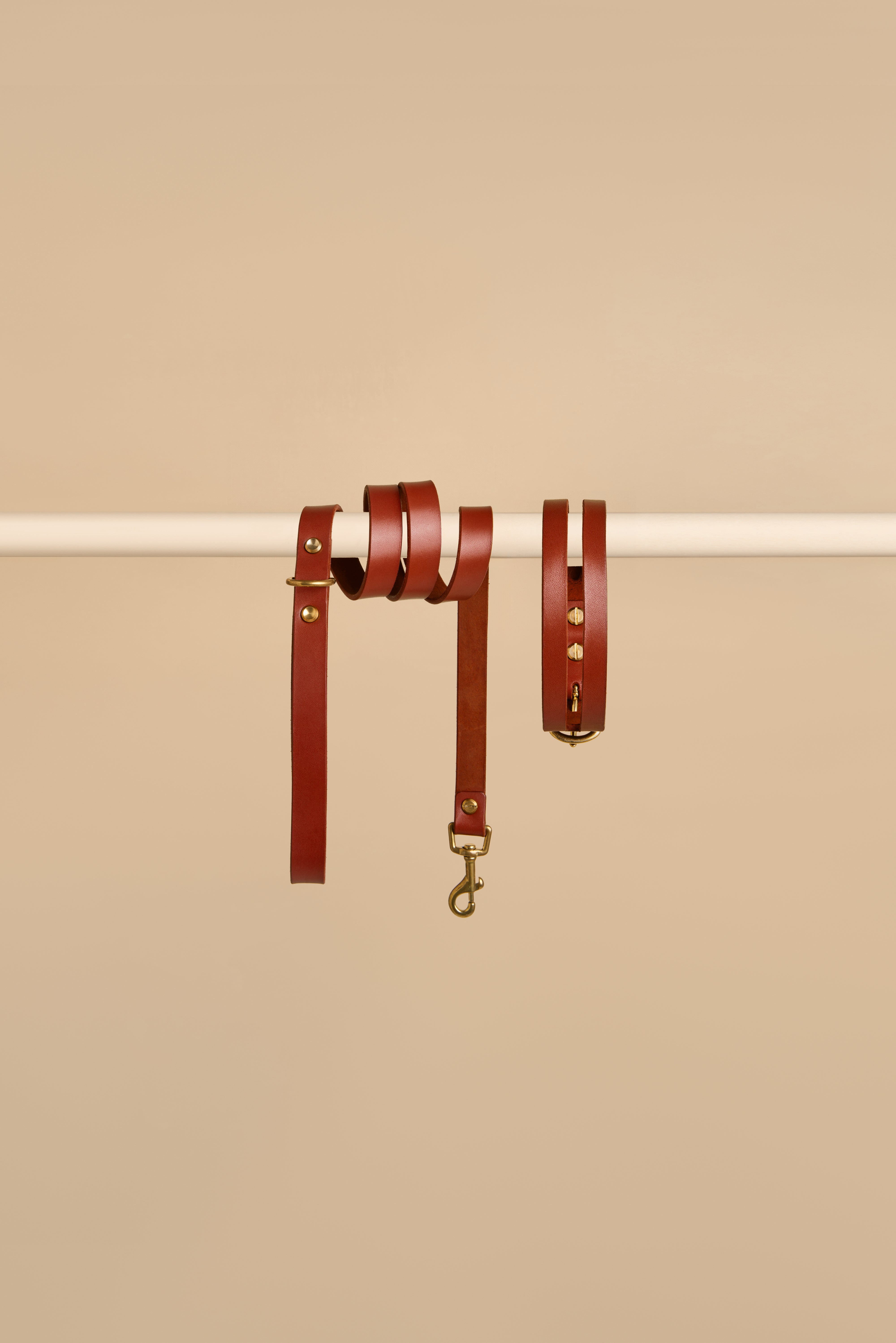 Aeris Classic Cognac Leather Dog Collar and Classic Cognac Leather Dog Leash Walk Kit made from luxurious Italian leather with adjustable brass hardware, combining elegance and durability.