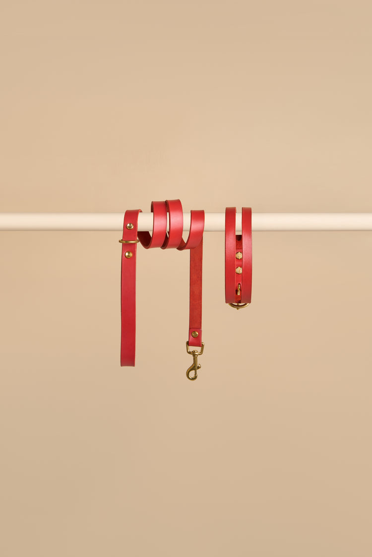 Red Leather Dog Collar and Leash Set - Aeris Classic