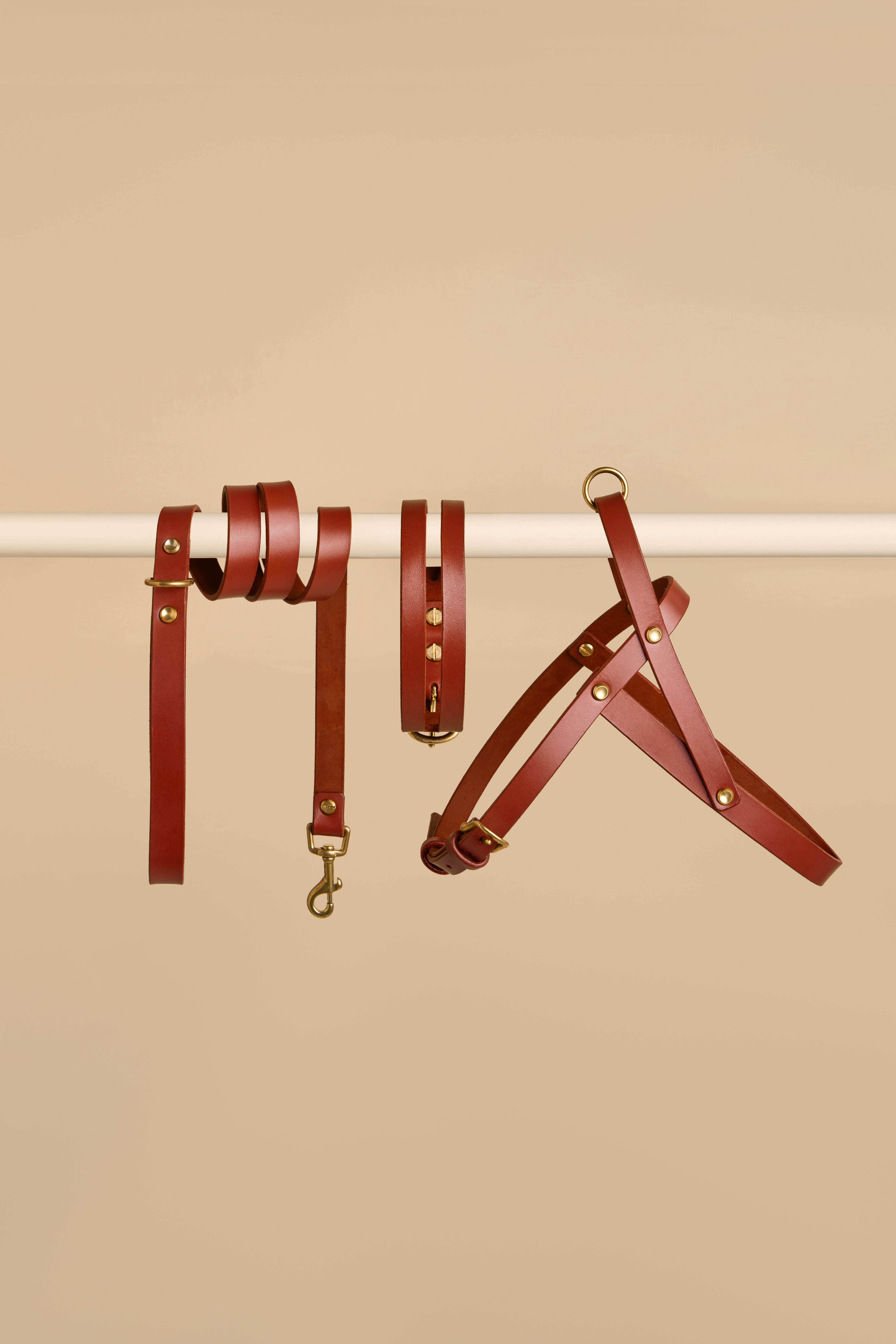 Aeris Classic cognac leather collar and leash set with Vero harness - perfect for a stylish and comfortable dog walking experience