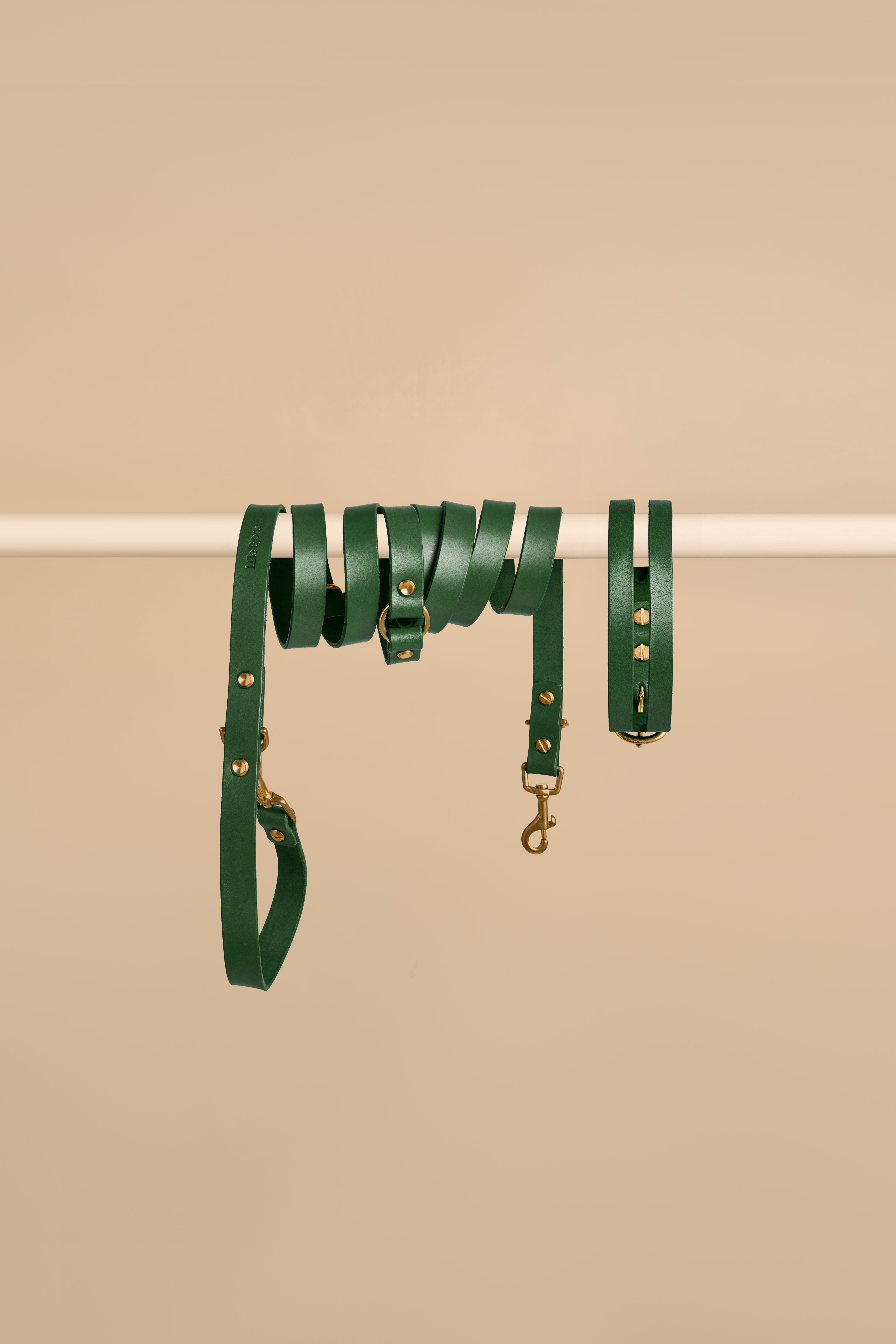 Aeris Classic Green Leather Dog Collar and Omni Green Leather Dog Leash Walk Kit featuring high-quality Italian leather and rust-resistant brass hardware, designed for style and versatility