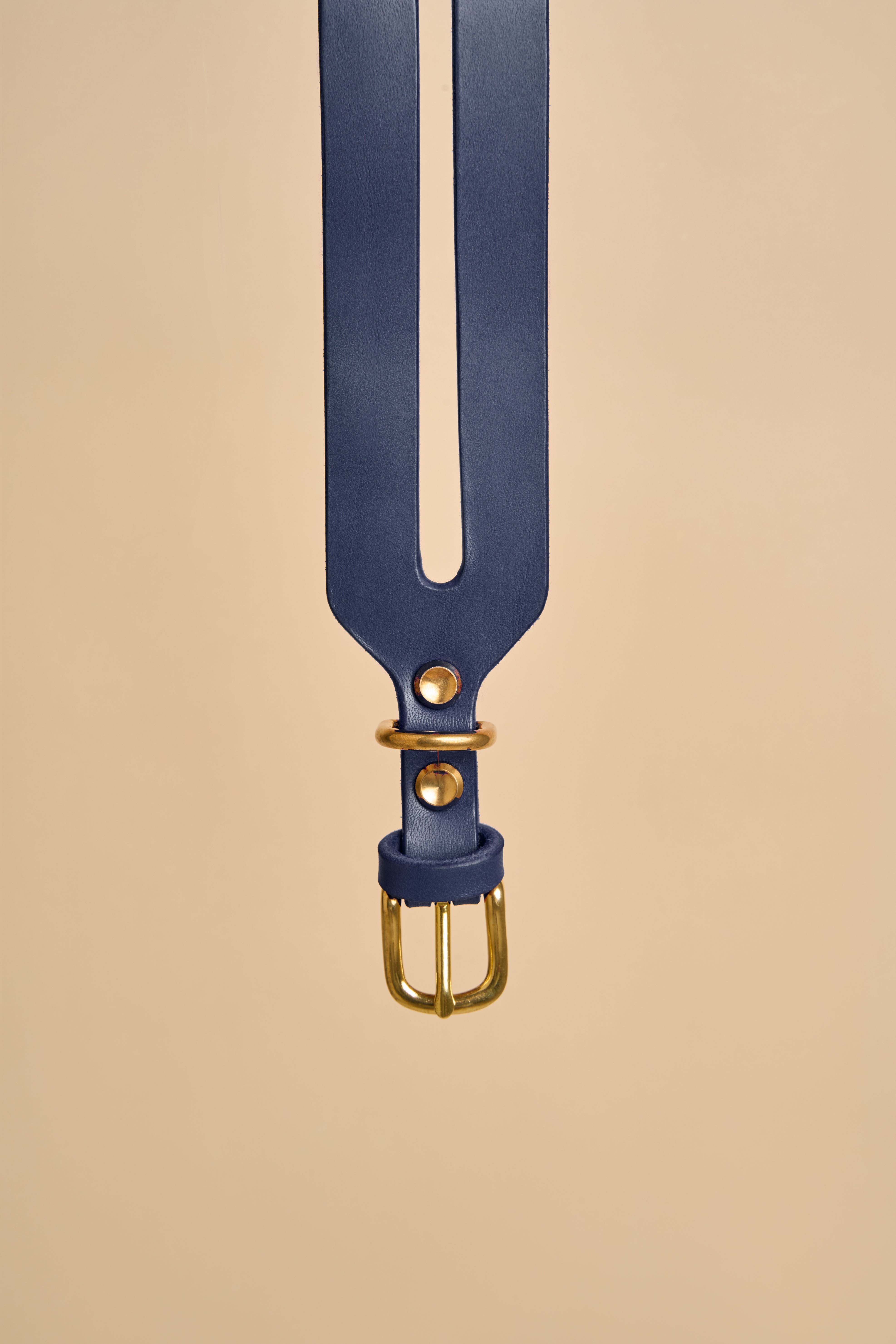 Detailed view of the buckle on Aeris Wide Blue Dog Collar, featuring strong brass hardware and durable Italian leather