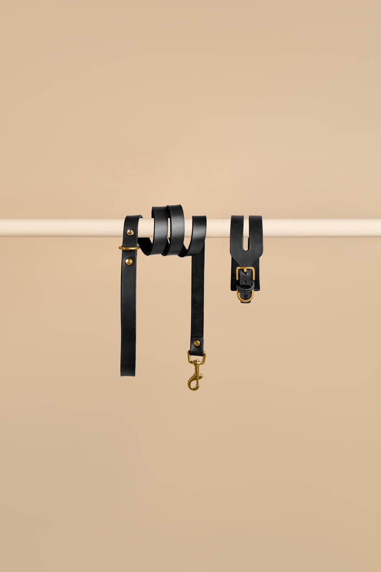 Wide Black Leather Dog Collar and Leash Set - Aeris