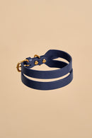 Aeris Wide Blue Leather Dog Collar featuring luxurious Italian leather and sturdy brass hardware, providing a bold and durable pet accessory.