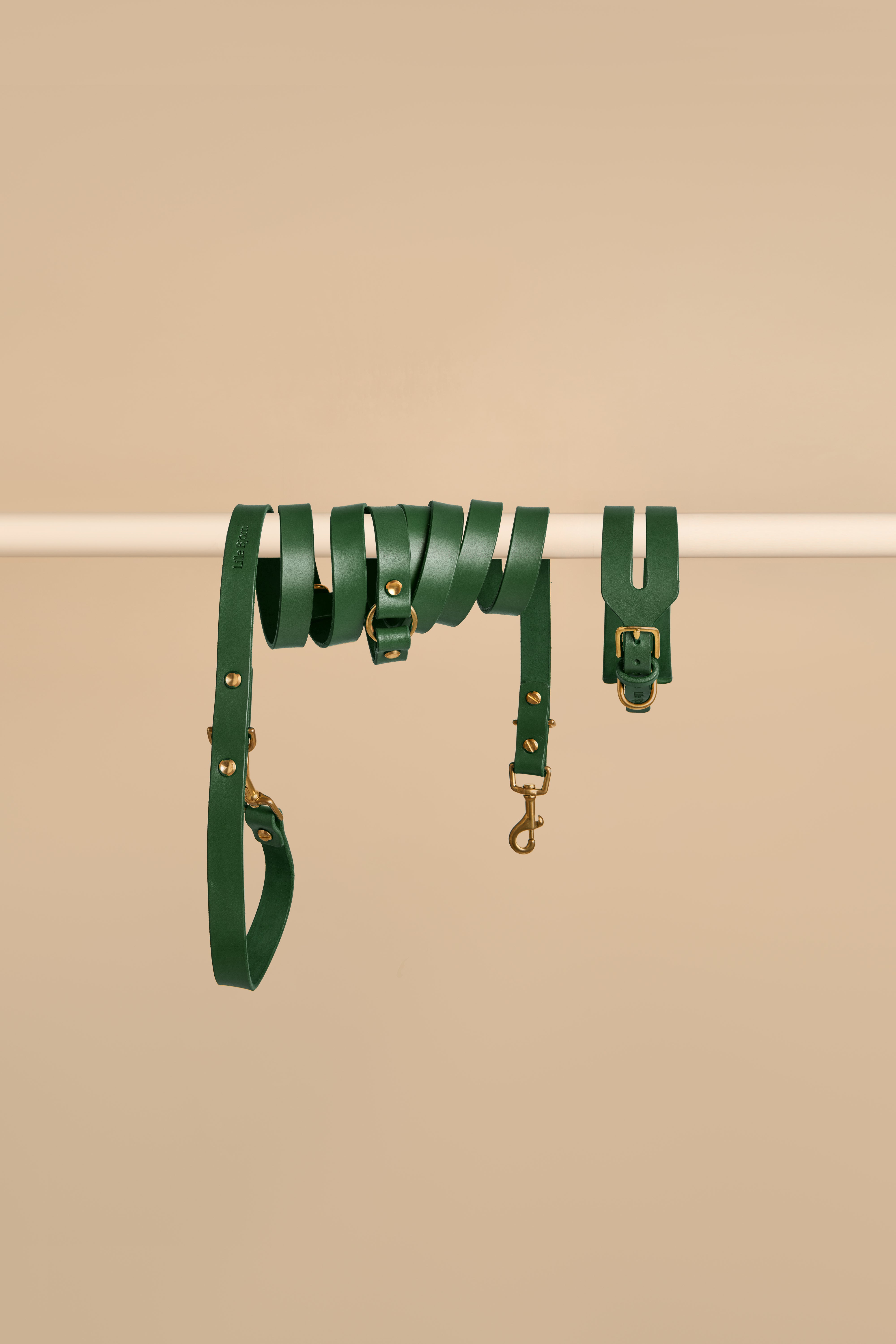 Aeris Wide Green Leather Dog Collar and Omni Green Leather Dog Leash Walk Kit crafted from high-quality Italian leather with a broad collar design and Omni Leash for ultimate style and convenience