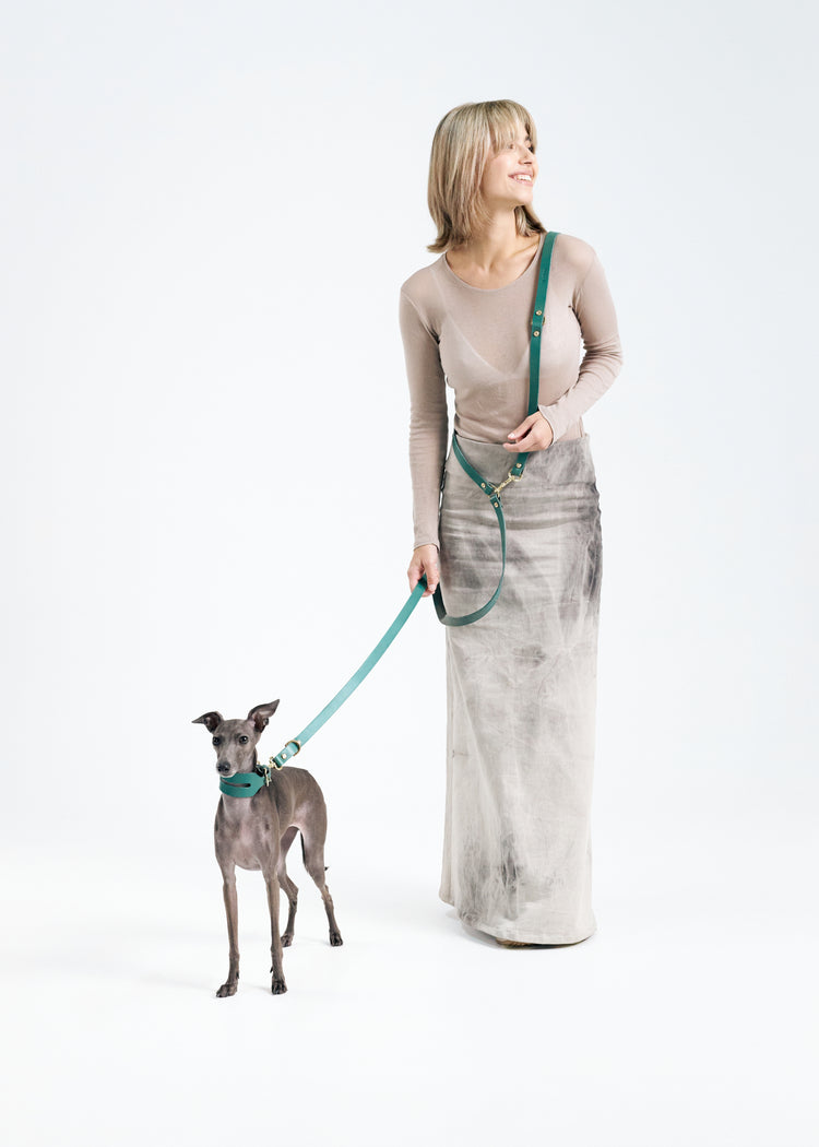 Wide Green Leather Dog Collar and Hands-Free Leash Set - Aeris