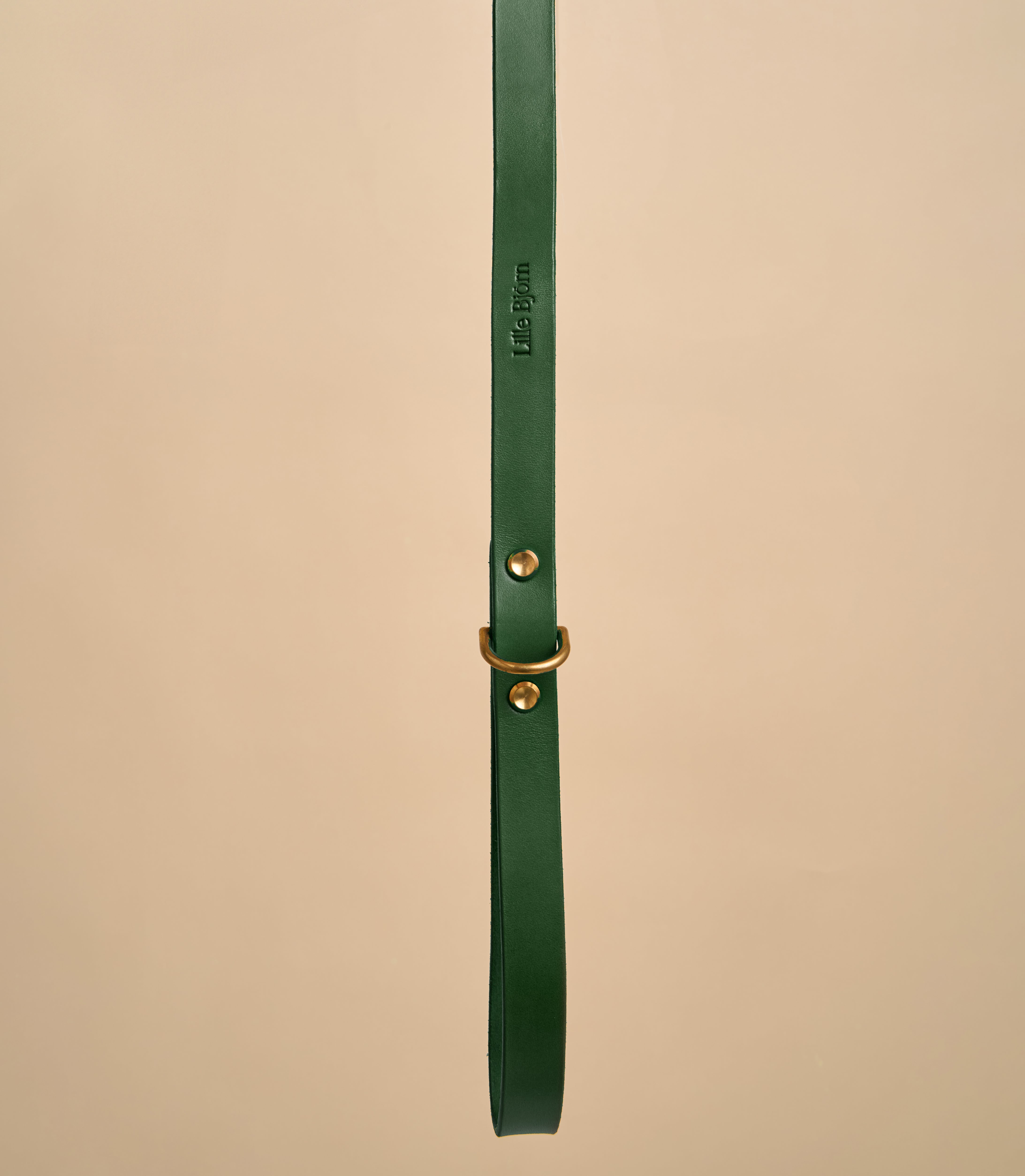 Close-up detail of Classic Green Leather Dog Leash handle with embossed design, crafted from high-quality Italian leather and brass hardware