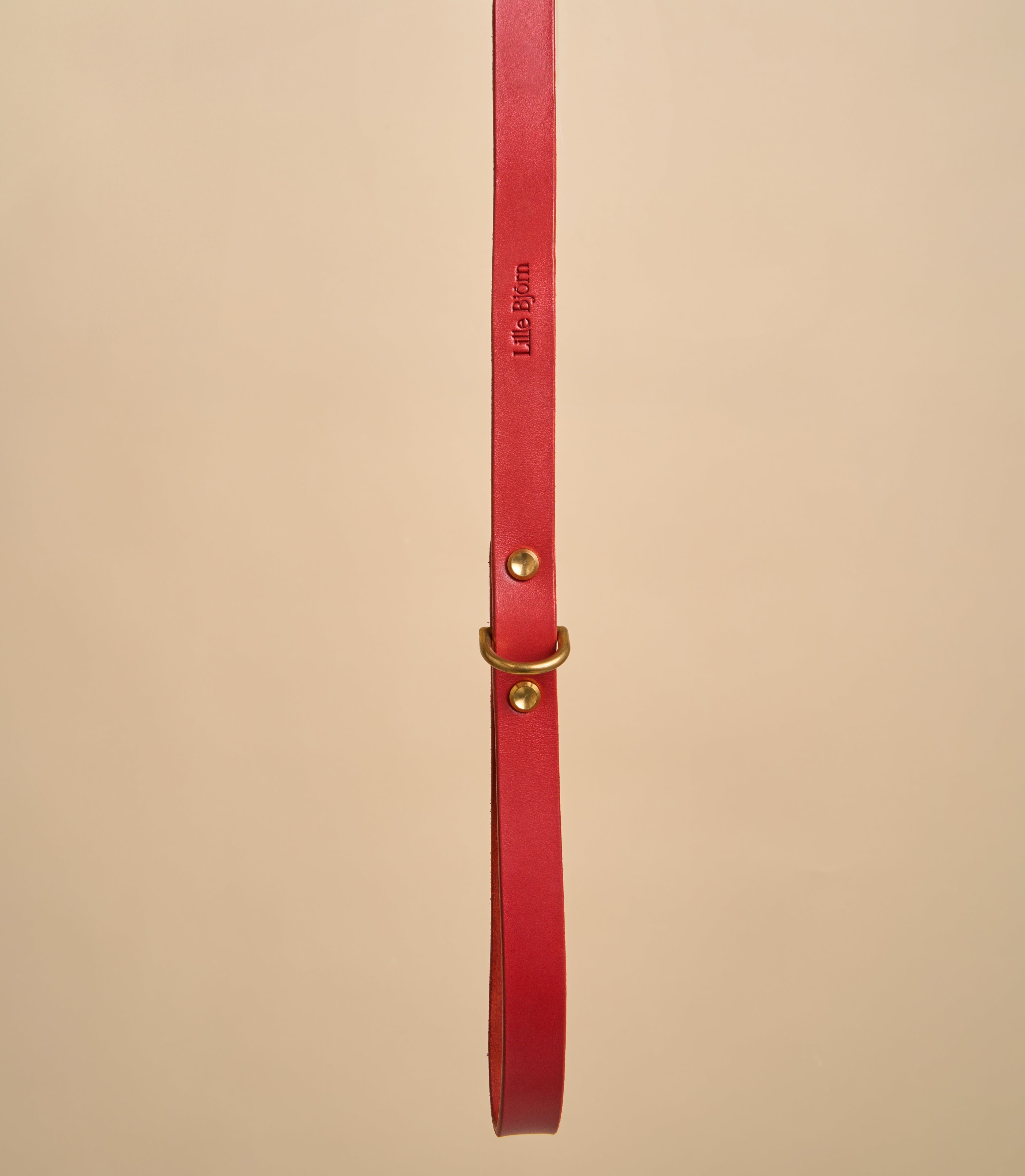 Close-up detail of Classic Red Leather Dog Leash handle with embossed design, made from premium Italian leather with brass hardware