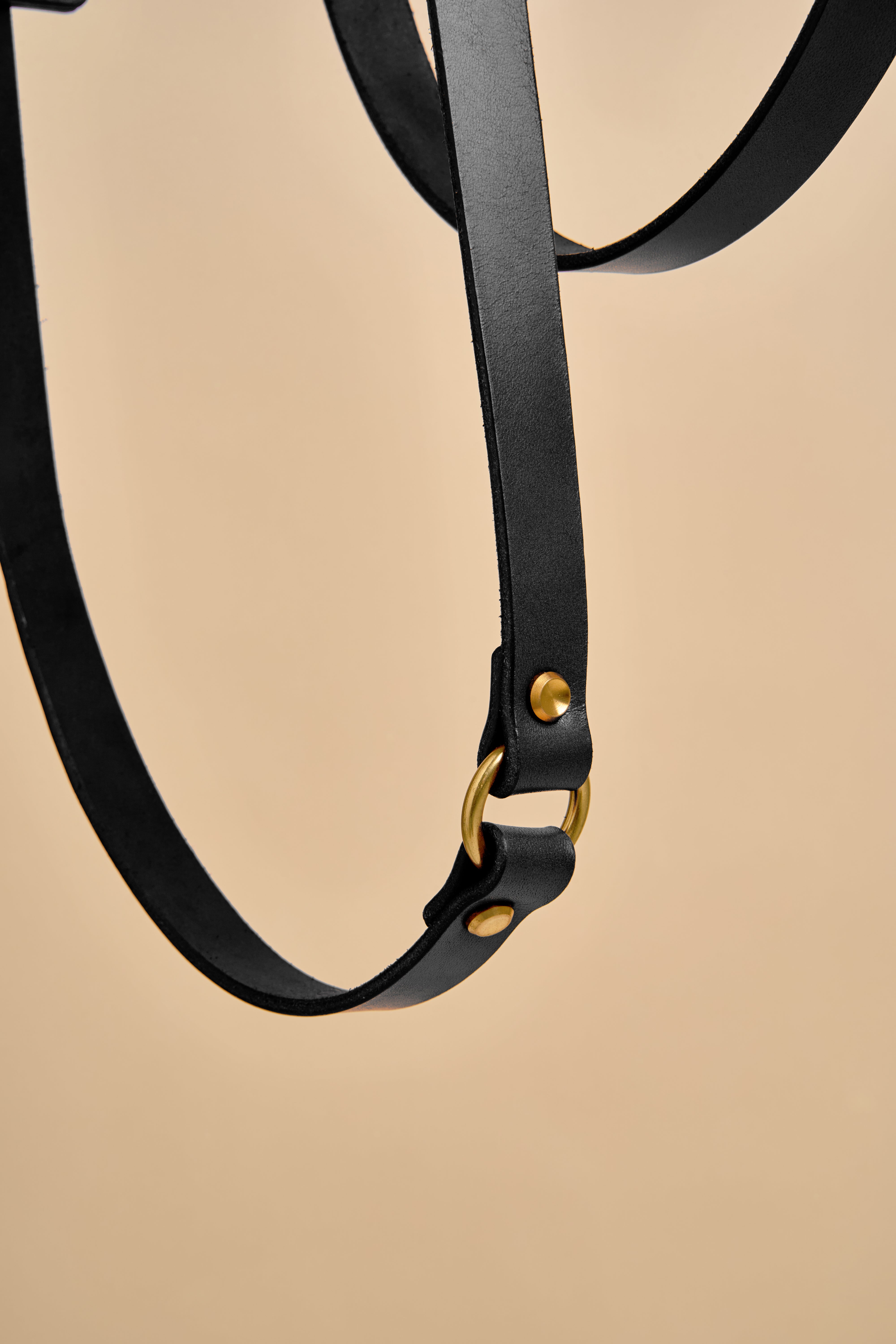 Close-up detail of Omni Black Leather Dog Leash, designed for hands-free crossbody wear with secure brass hardware