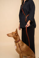 Omni Cognac Leather Dog Leash worn crossbody, providing hands-free convenience with premium Italian leather and brass hardware