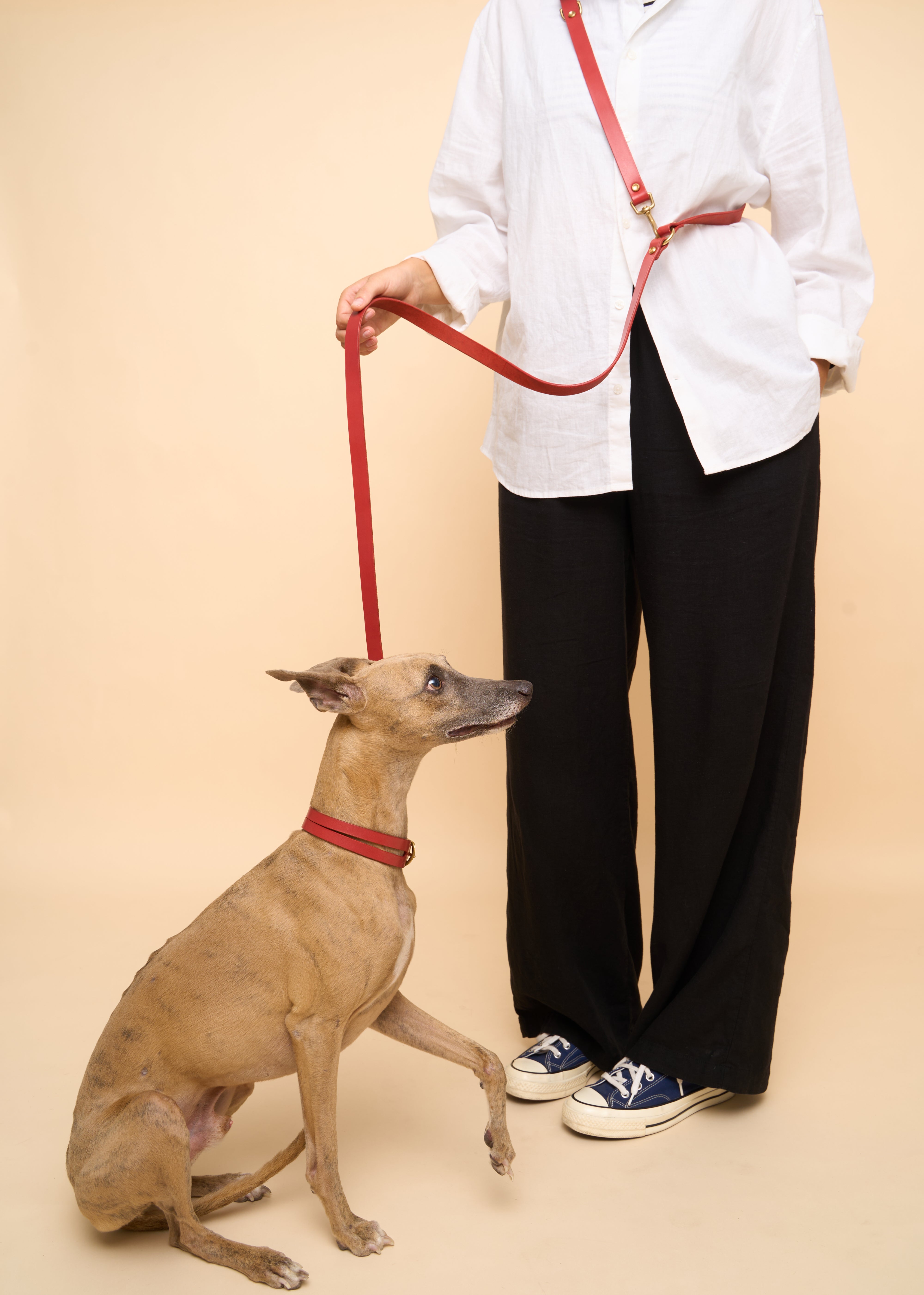 Close-up detail of Omni Red Leather Dog Leash, designed for hands-free crossbody wear with secure brass hardware