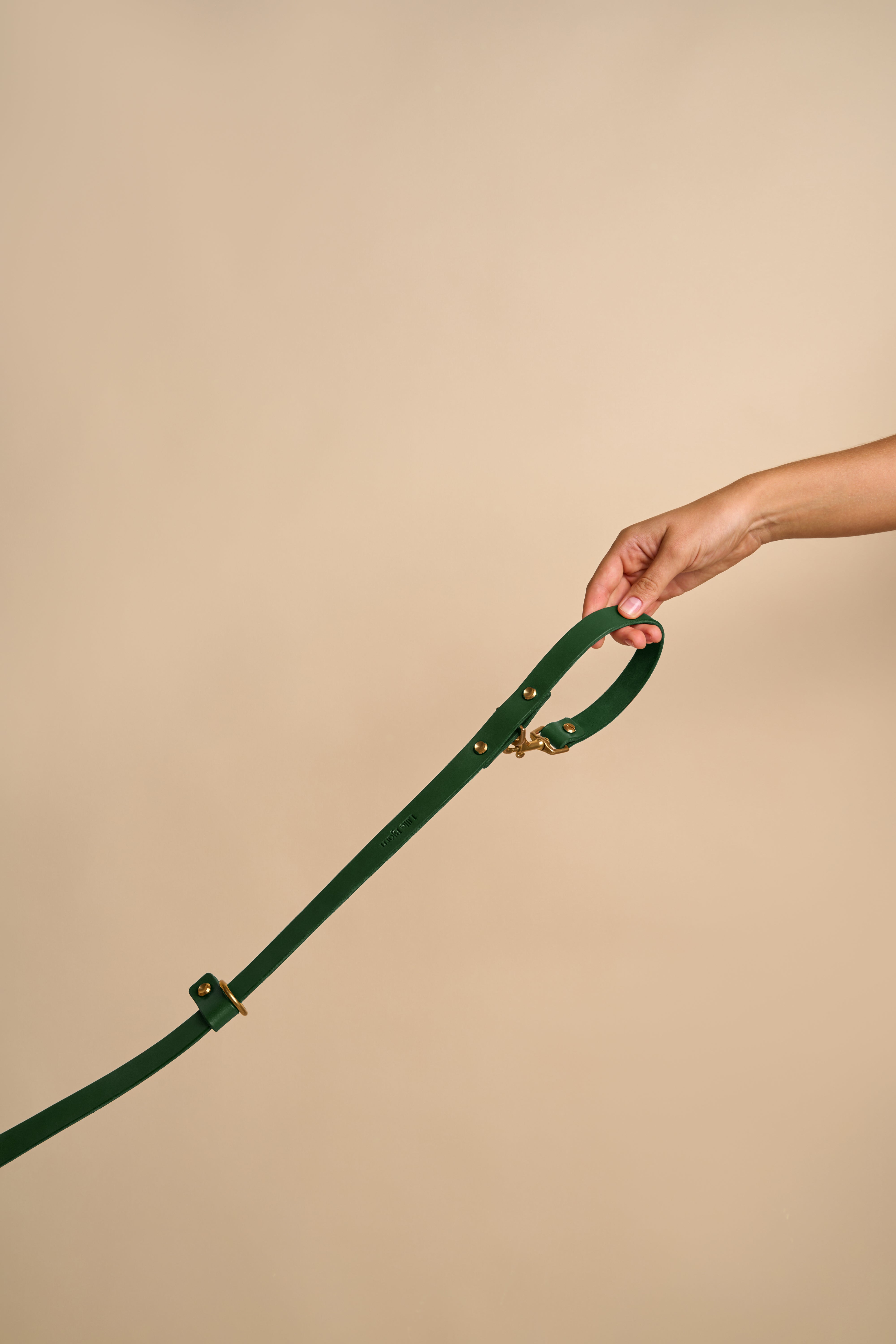 Omni Green Leather Dog Leash held in hand, highlighting versatile wear and brass hardware for durability