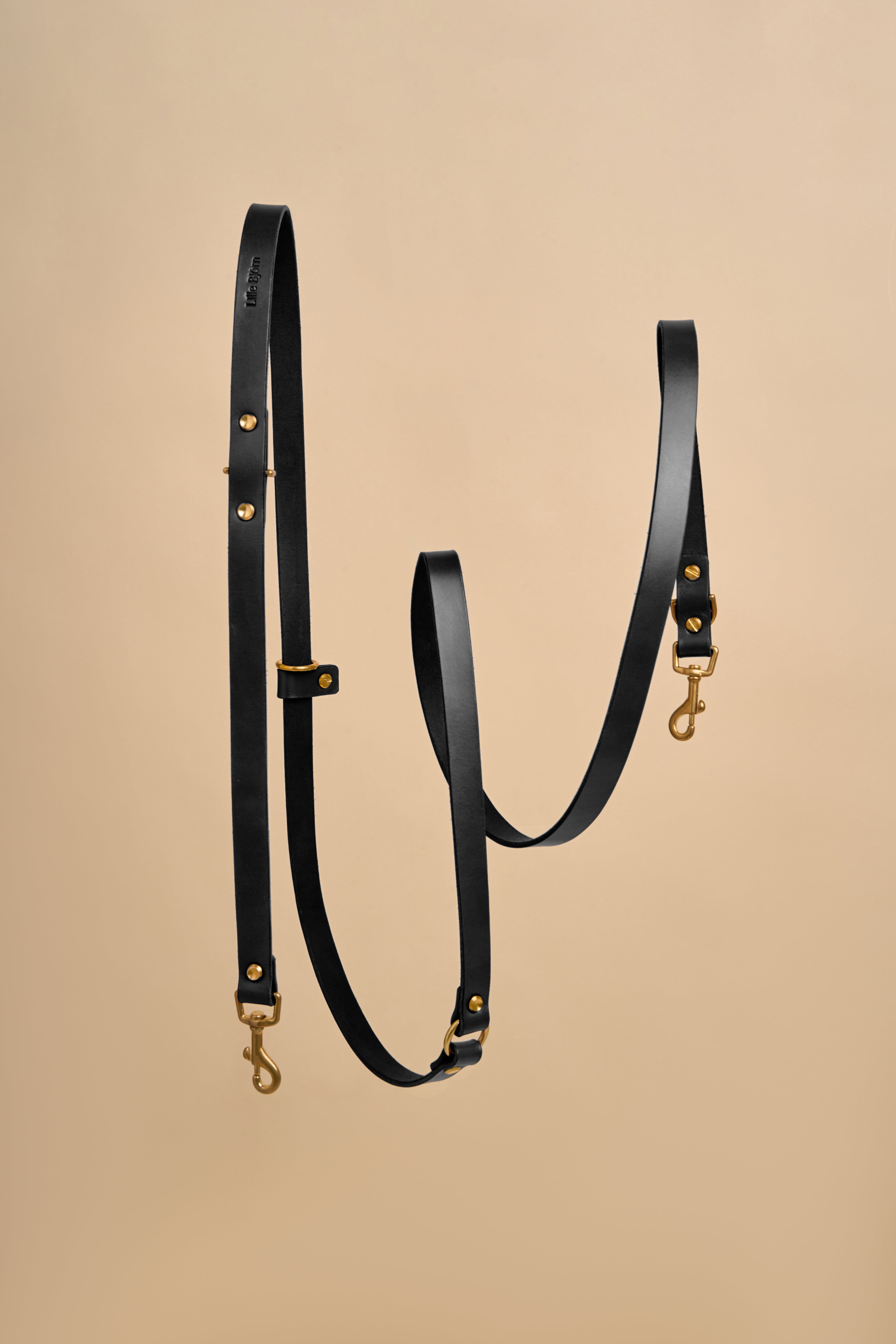 Omni Black Leather Dog Leash with brass hardware, hands-free design, crafted from Italian leather for stylish, versatile dog walks.