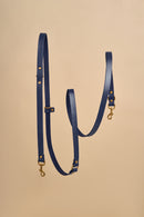 Omni Blue Leather Dog Leash with a hands-free and cross-body design, crafted from high-quality Italian leather and sturdy brass fittings, providing versatility and style for comfortable dog walking