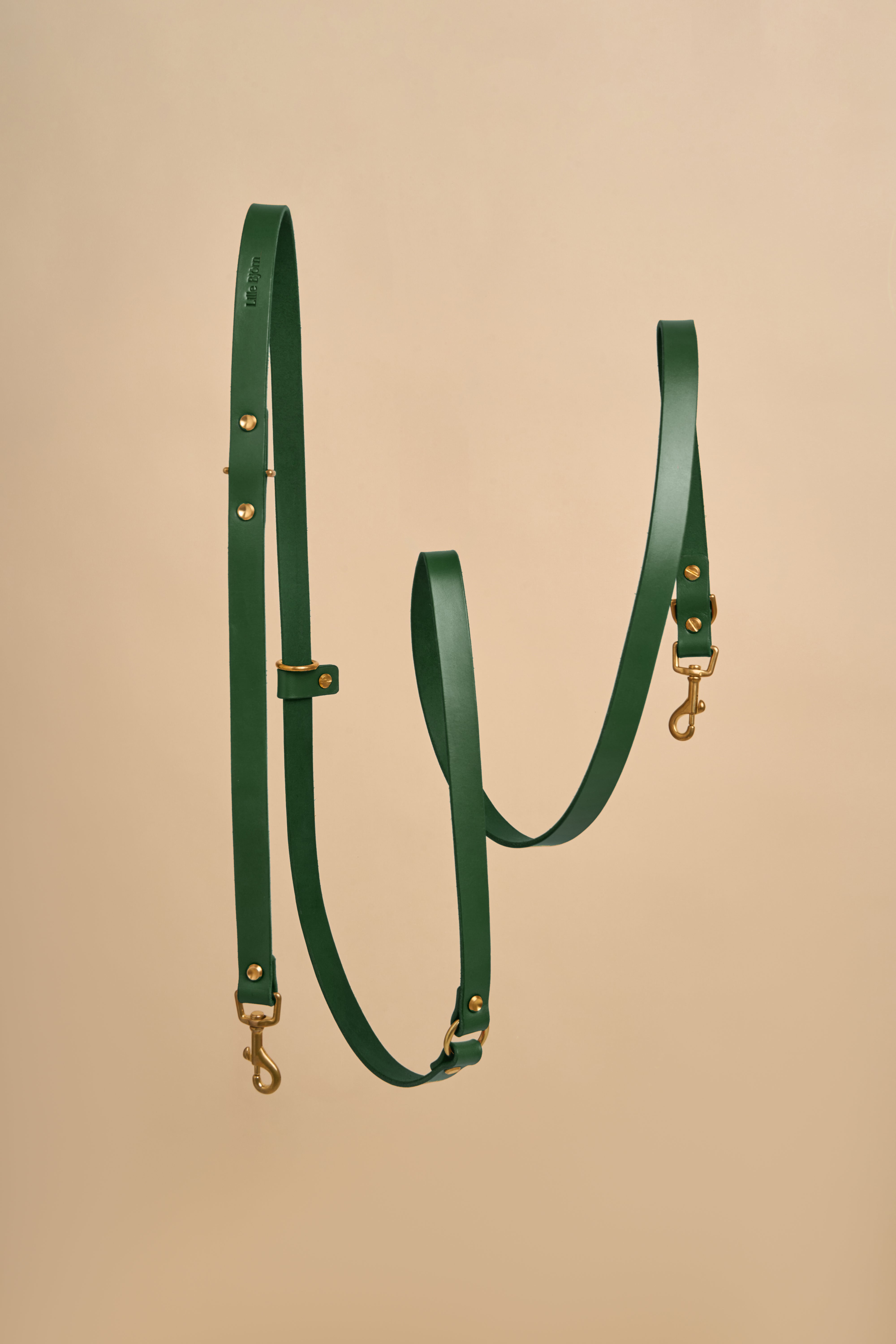 Omni Green Leather Dog Leash with hands-free and cross-body functionality, crafted from premium Italian leather and featuring strong brass fittings, providing a versatile and fashionable option for dog walks