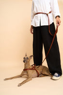 Omni Cognac Leather Dog Leash worn hands-free around the waist, crafted from Italian leather with sturdy brass hardware