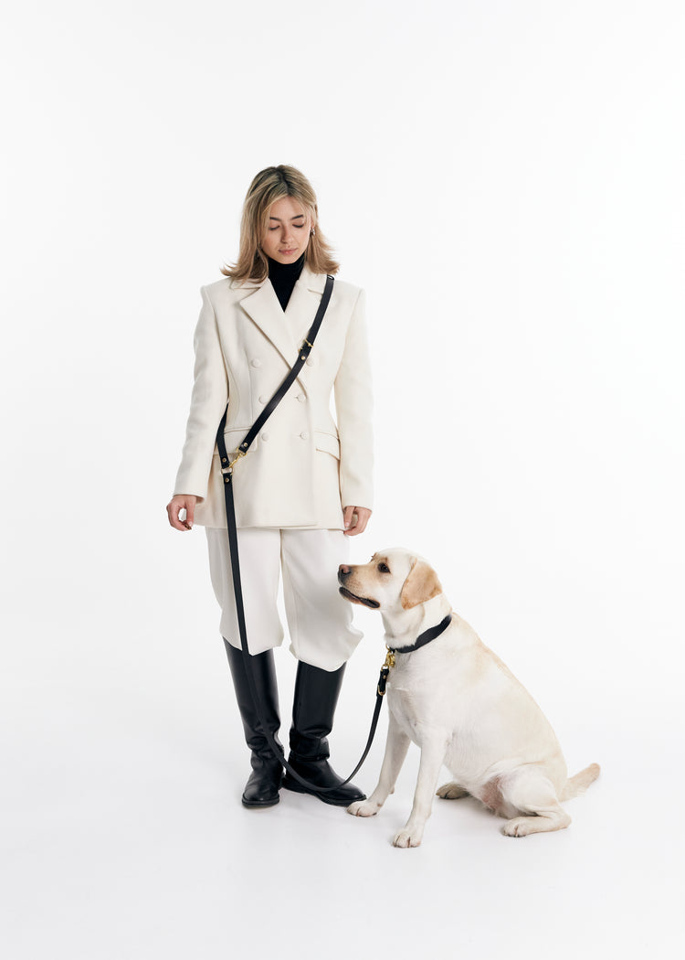 Black Leather Dog Collar and Hands-Free Leash Set - Vero Classic
