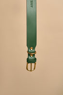 Detailed view of the brass buckle on Vero Classic Green Leather Dog Collar, highlighting strong Italian leather and secure fastening