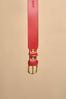 Close-up of the brass buckle on Vero Classic Red Leather Dog Collar, made from premium Italian leather for durability and style