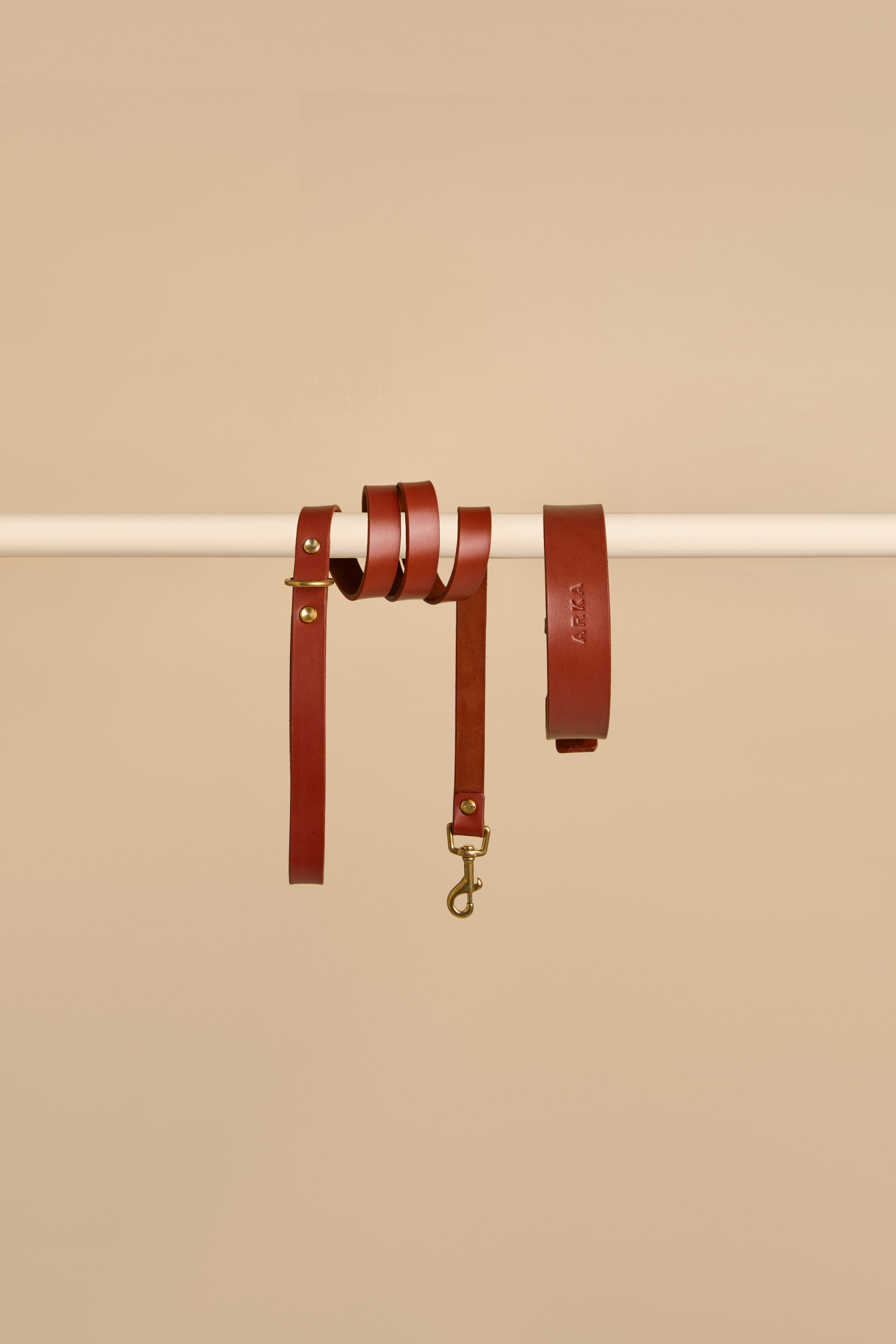 Vero Classic Cognac Leather Dog Collar and Leash Walk Kit made from luxurious Italian leather with durable brass hardware for a classic and elegant look