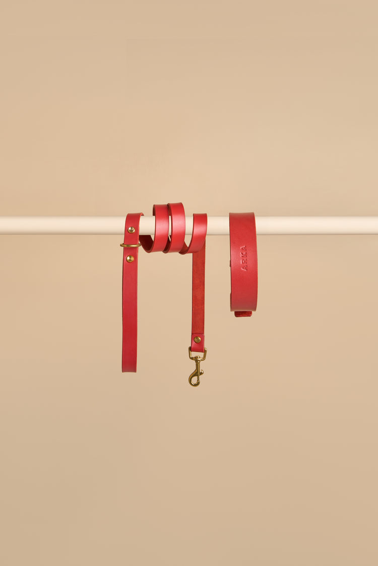 Red Leather Dog Collar and Leash Set - Vero Classic