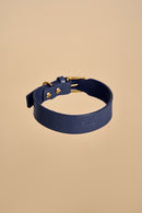 Vero Classic Blue Leather Dog Collar made from high-quality Italian leather with adjustable brass hardware for a chic and resilient design.