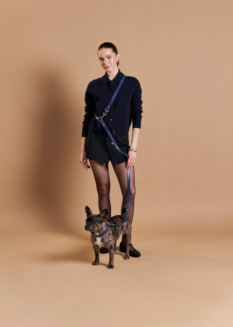 Blue Leather Dog Collar and Hands-Free Leash Set - Vero Classic