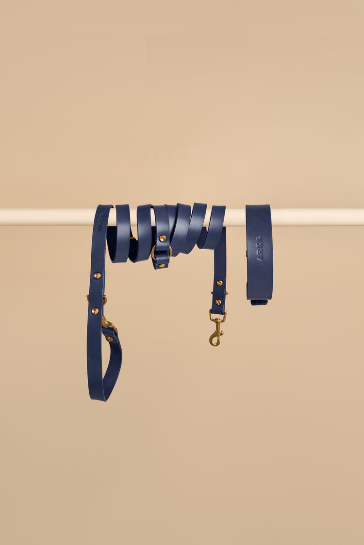 Blue Leather Dog Collar and Hands-Free Leash Set - Vero Classic