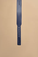 Detailed view of the tip of Vero Classic Blue Leather Dog Collar, showcasing premium Italian leather