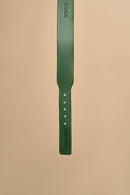 Detailed view of the tip of Vero Classic Green Leather Dog Collar, highlighting high-quality Italian leather craftsmanship