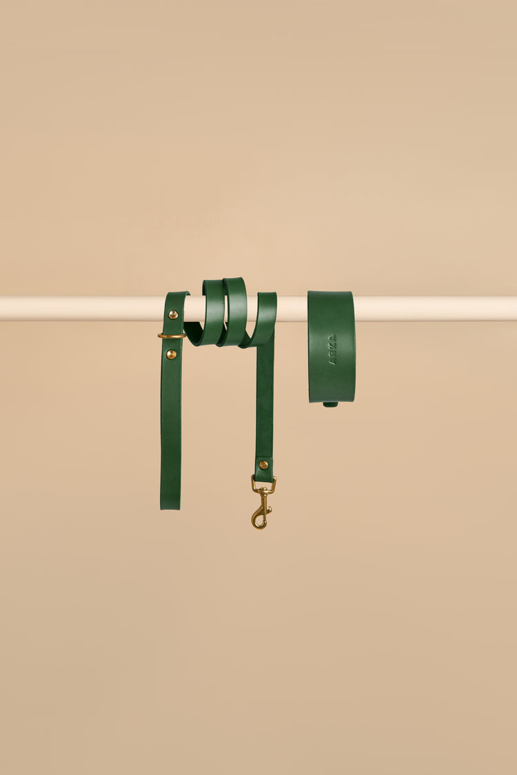 Wide Green Leather Dog Collar and Leash Set - Vero