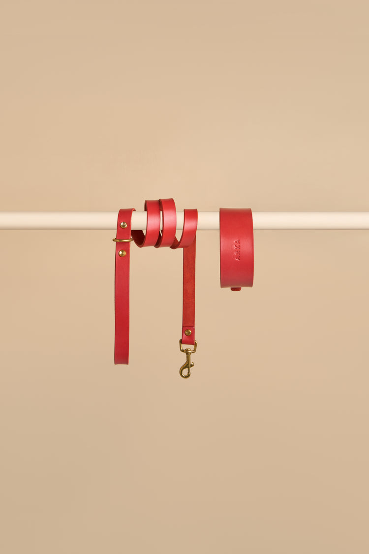 Wide Red Leather Dog Collar and Leash Set - Vero