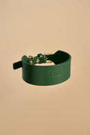 Vero Wide Green Leather Dog Collar made with premium Italian leather, featuring a broad strap and corrosion-resistant brass fittings for a durable accessory.