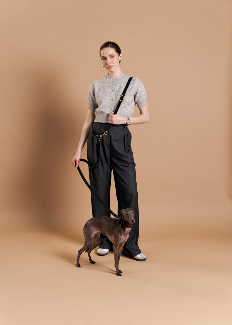 Wide Black Leather Dog Collar and Hands-Free Leash Set - Vero